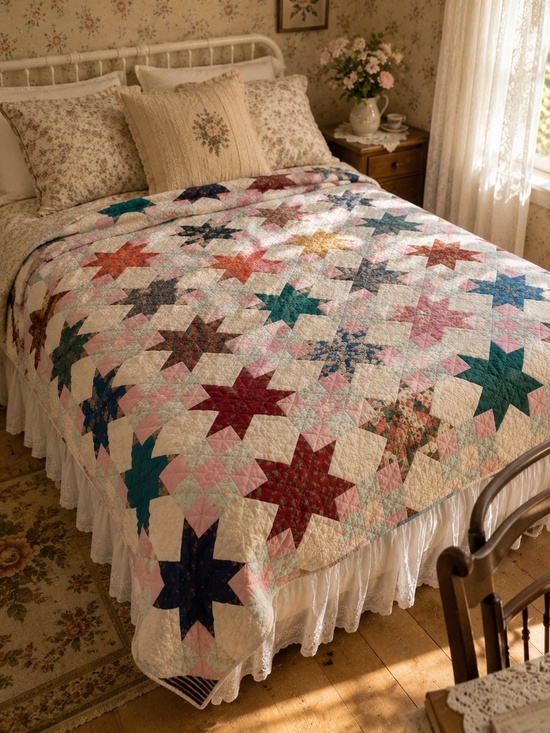 Other - Vintage Handmade Patchwork Quilt Cottagecore Floral Star Quilt 88” x 88”